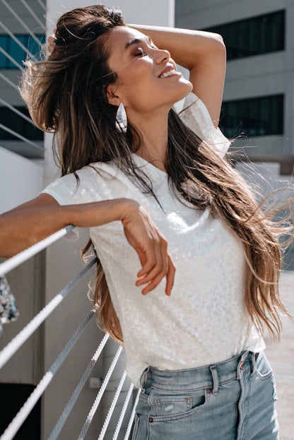 White Sequin Casual T Shirt