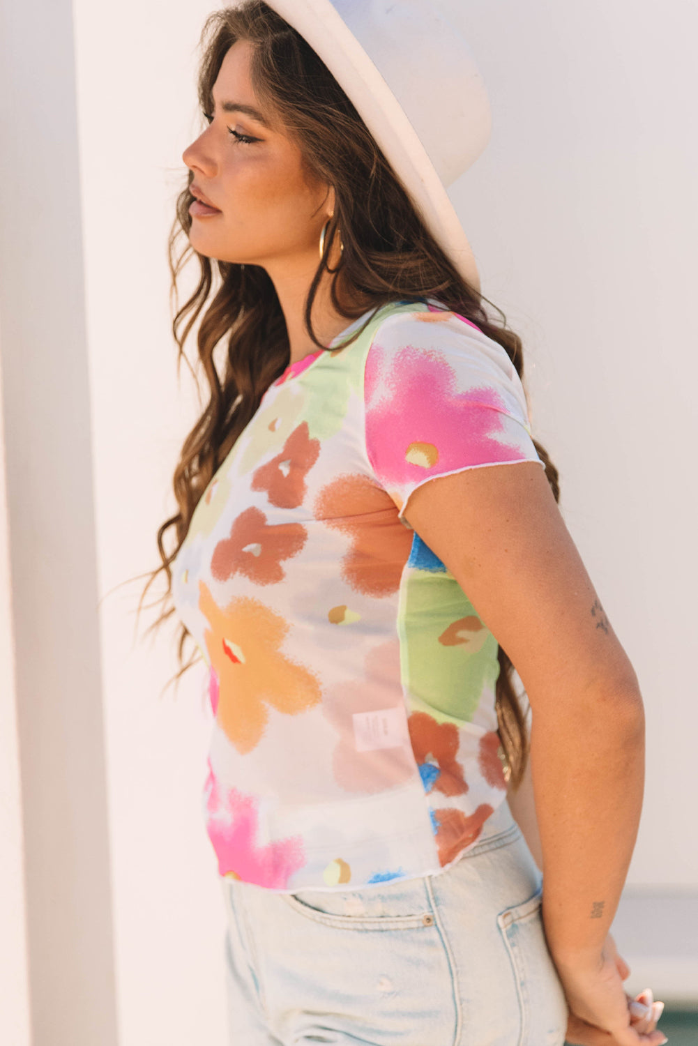 Multicolour Floral Mesh Crop T Shirt