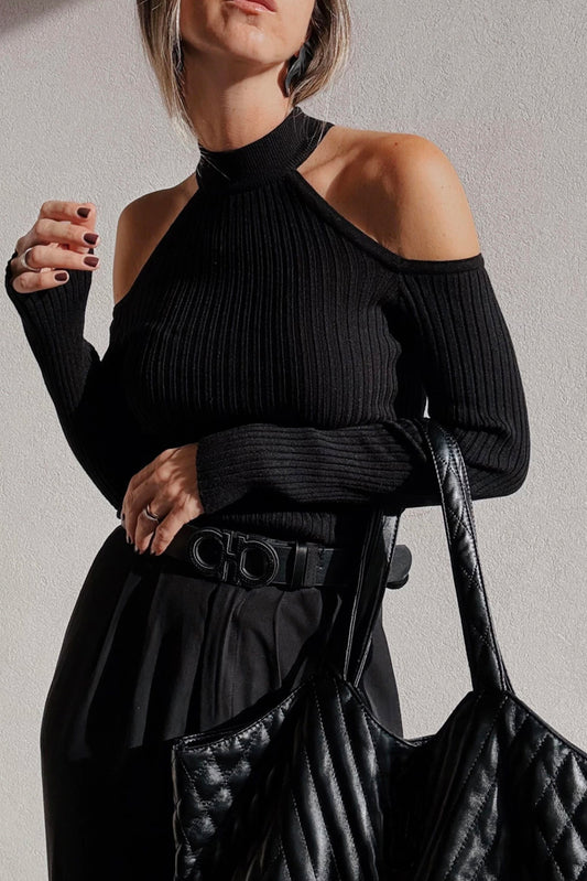 Black Ribbed Cold Shoulder Sweater