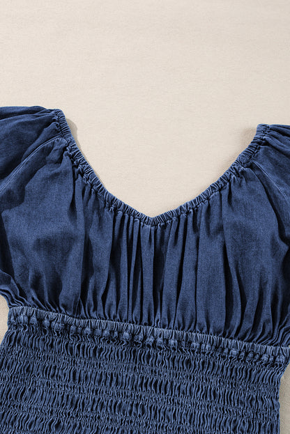 Dark Blue Smocked Denim Blouse