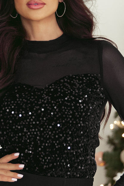 Black Sequin Sheer Mesh Blouse