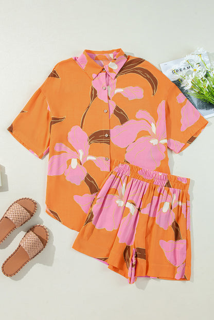 Russet Orange Floral Print Shirt and Shorts Set