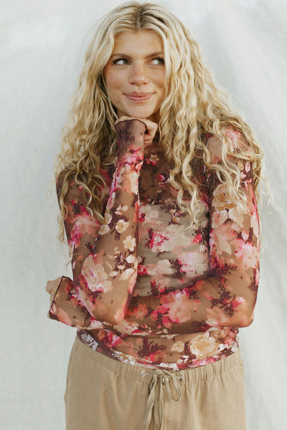 Red Floral Sheer Mesh Long Sleeve Top