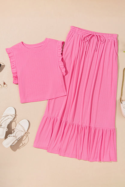 Pink Ruffle Trim Crop & Long Skirt Set