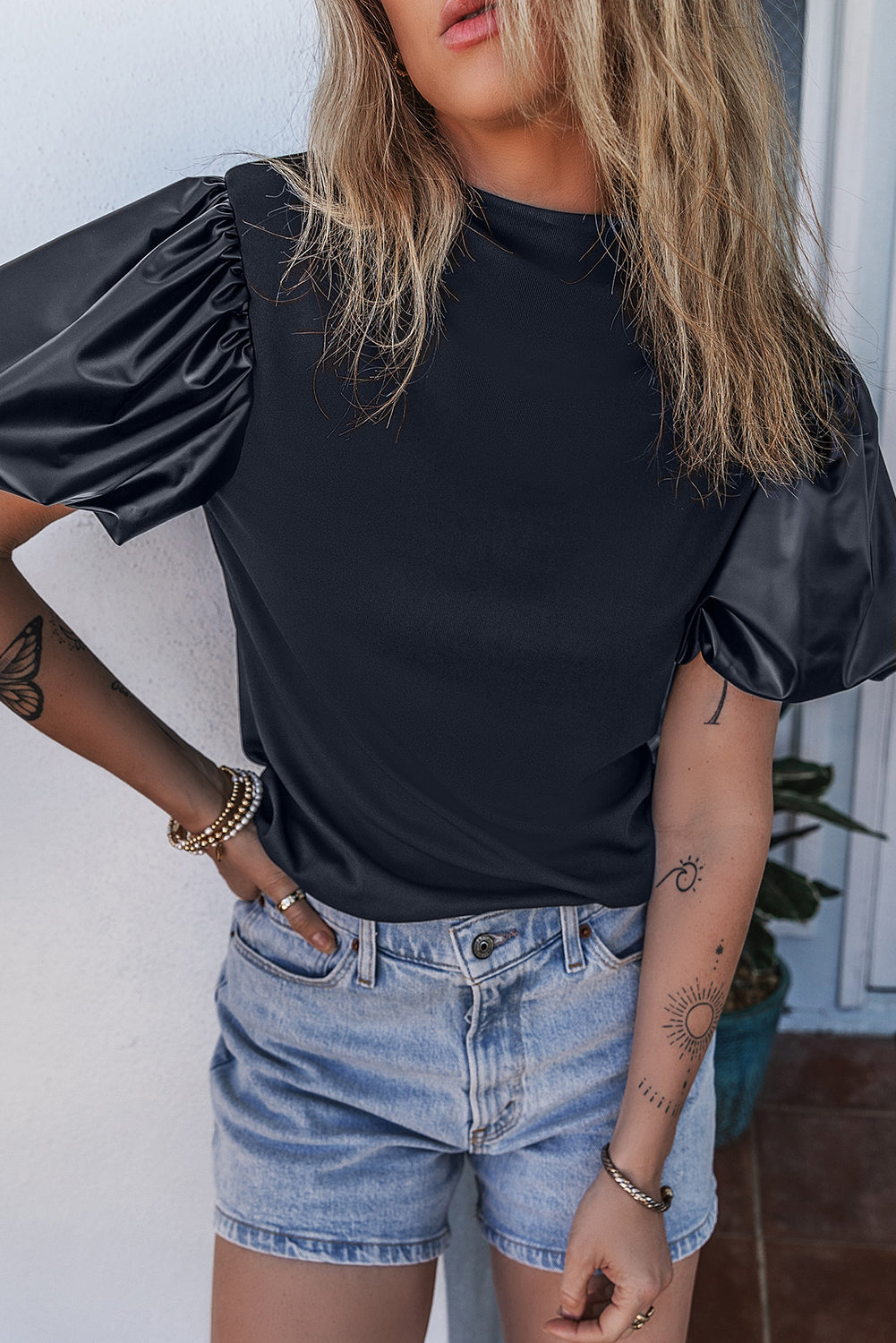 Black Faux Leather Puff Short Sleeve Top