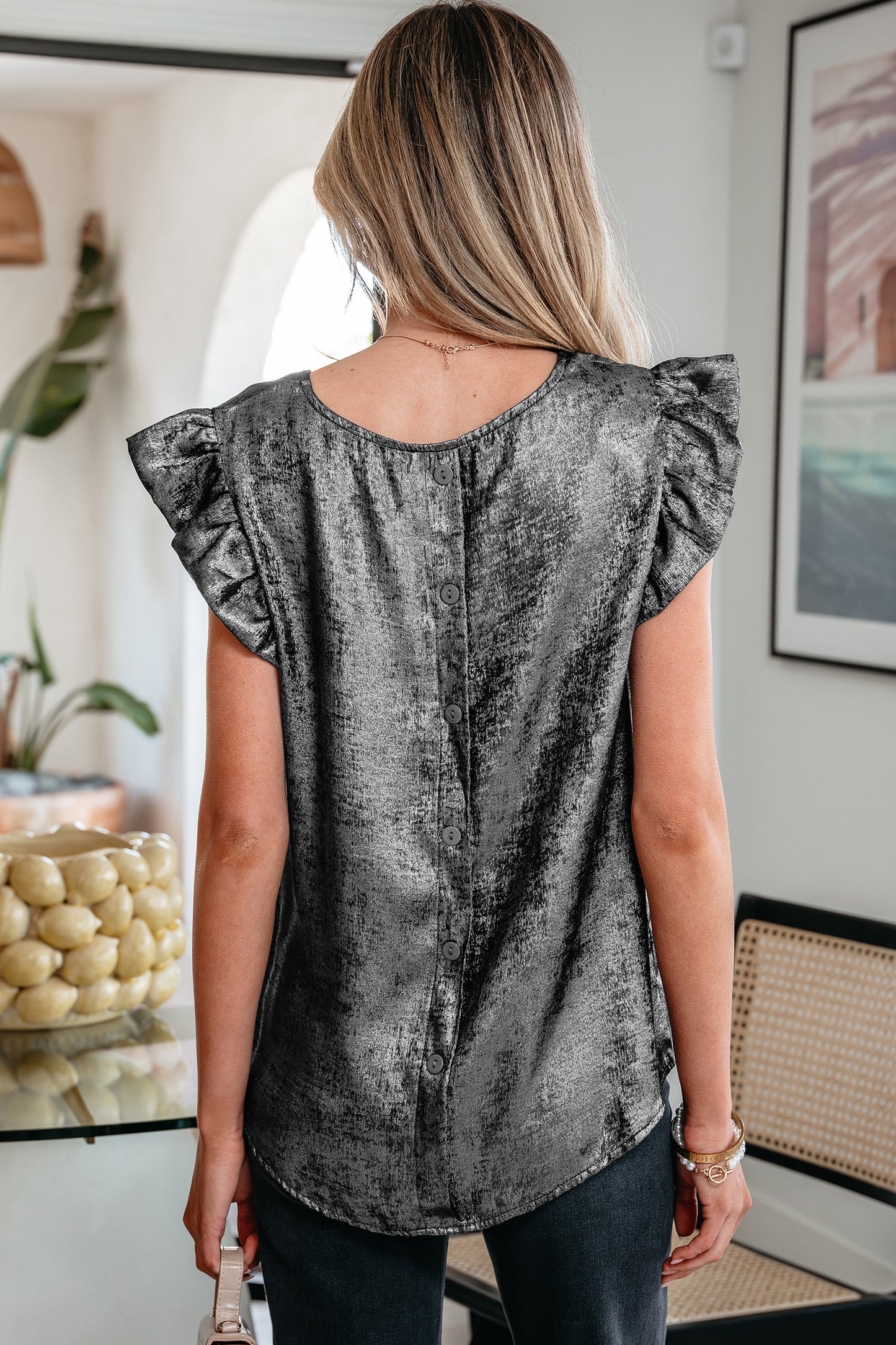 Silver Metallic Ruffle Blouse