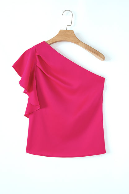 Pink Asymmetric Shoulder Ruffle Blouse