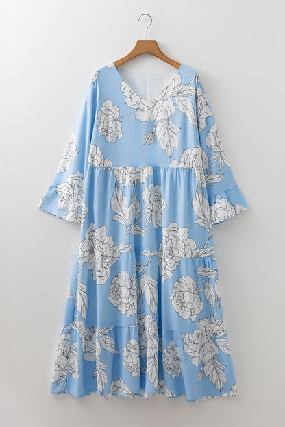 Sky Blue Floral Plus Size Tiered Maxi Dress