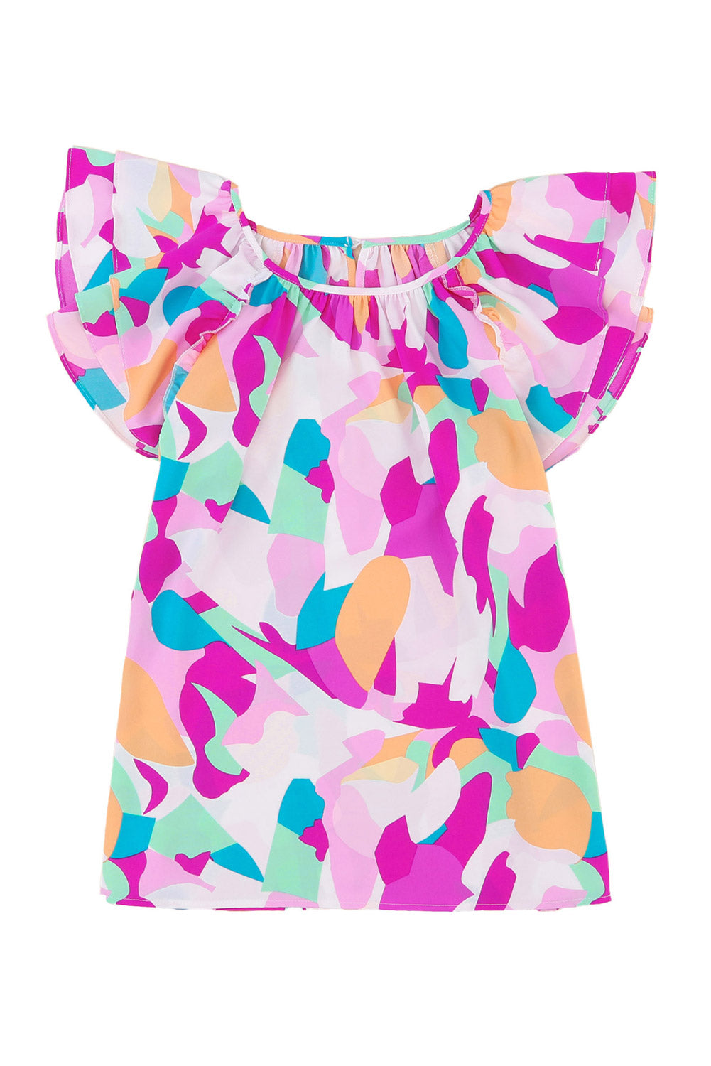 Multicolor Abstract Pattern Ruffle Short Sleeves Blouse