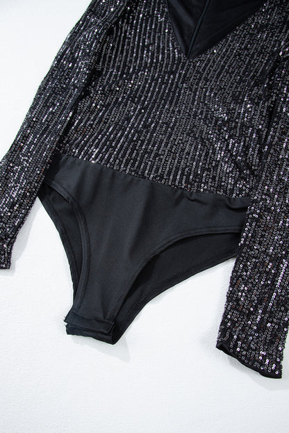 Black Sequin Long Sleeve Bodysuit