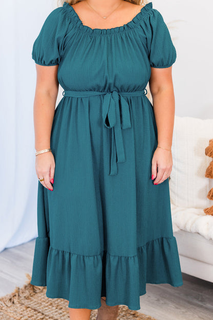 Teal Frilled U Neck Plus Size Midi Dress