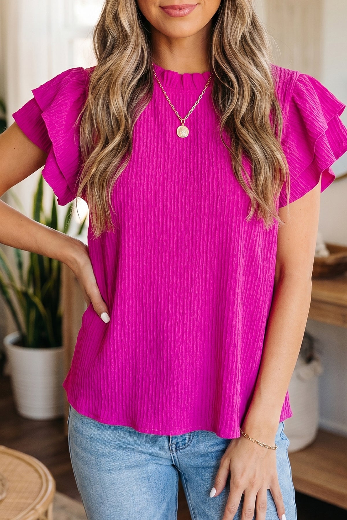 Textured Ruffle Short Sleeve Blouse