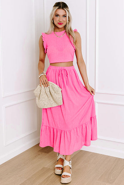 Pink Ruffle Trim Crop & Long Skirt Set