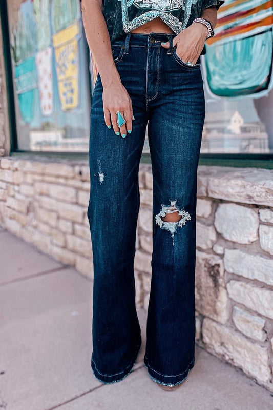 Dark Blue High Rise Ripped Jeans