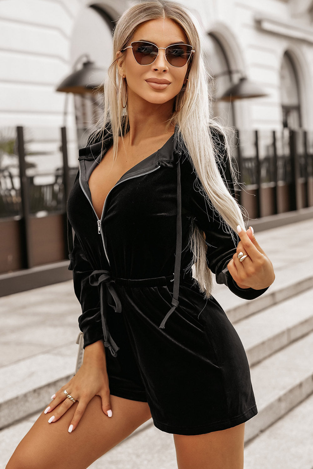 Black Velvet Zipped Romper