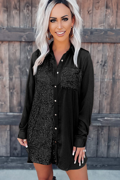 Black Sequin Buttoned Shirt Dress