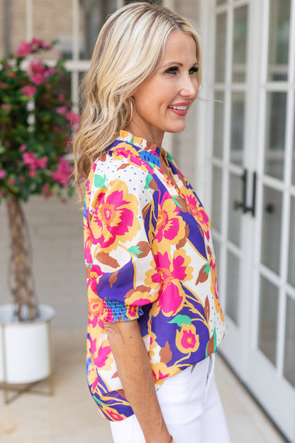 Rose Floral Bubble Sleeve Blouse