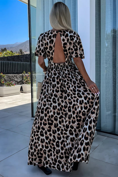 Khaki Leopard Open Back Maxi Dress