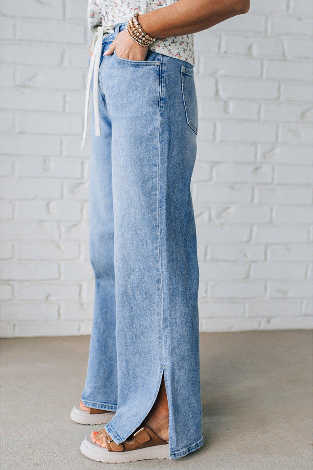 Blue High Rise Drawstring Jeans