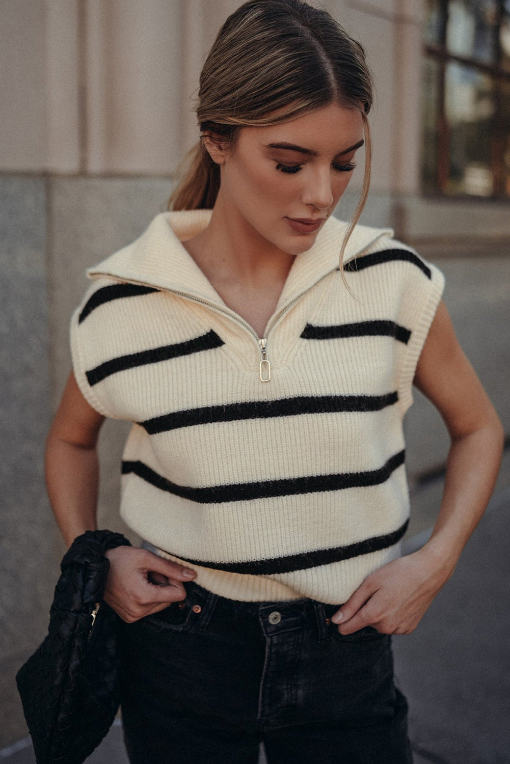 Stripe Zipped Collar Knit Top