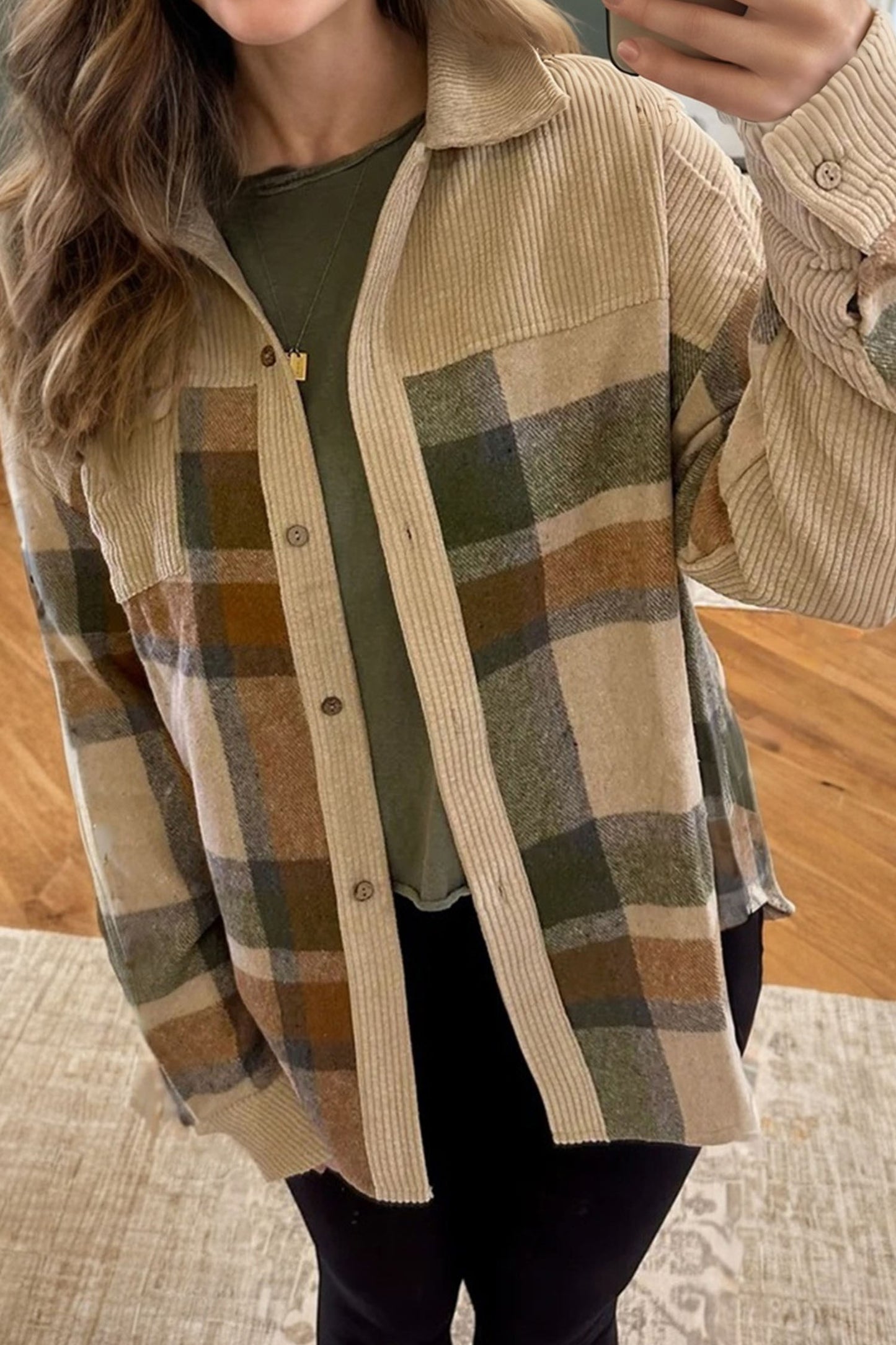 Beige Plaid Corduroy Shacket