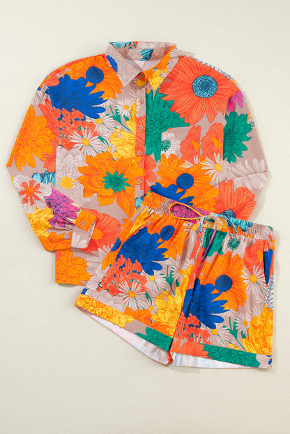 Orange Floral Printed Shirt Two Piece Shorts Set