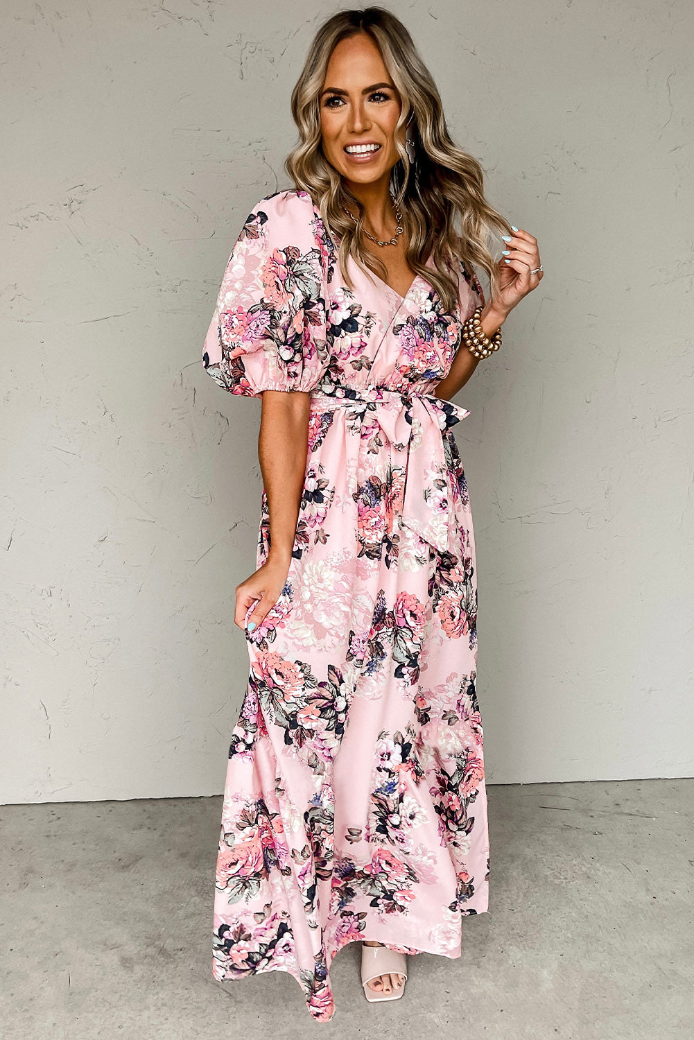 Pink Floral Puff Sleeve Maxi Dress