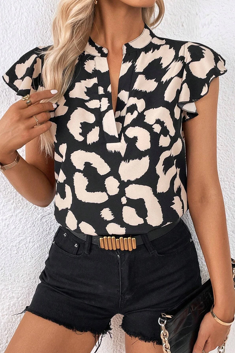 Black Ruffled Flutter Sleeve Blouse