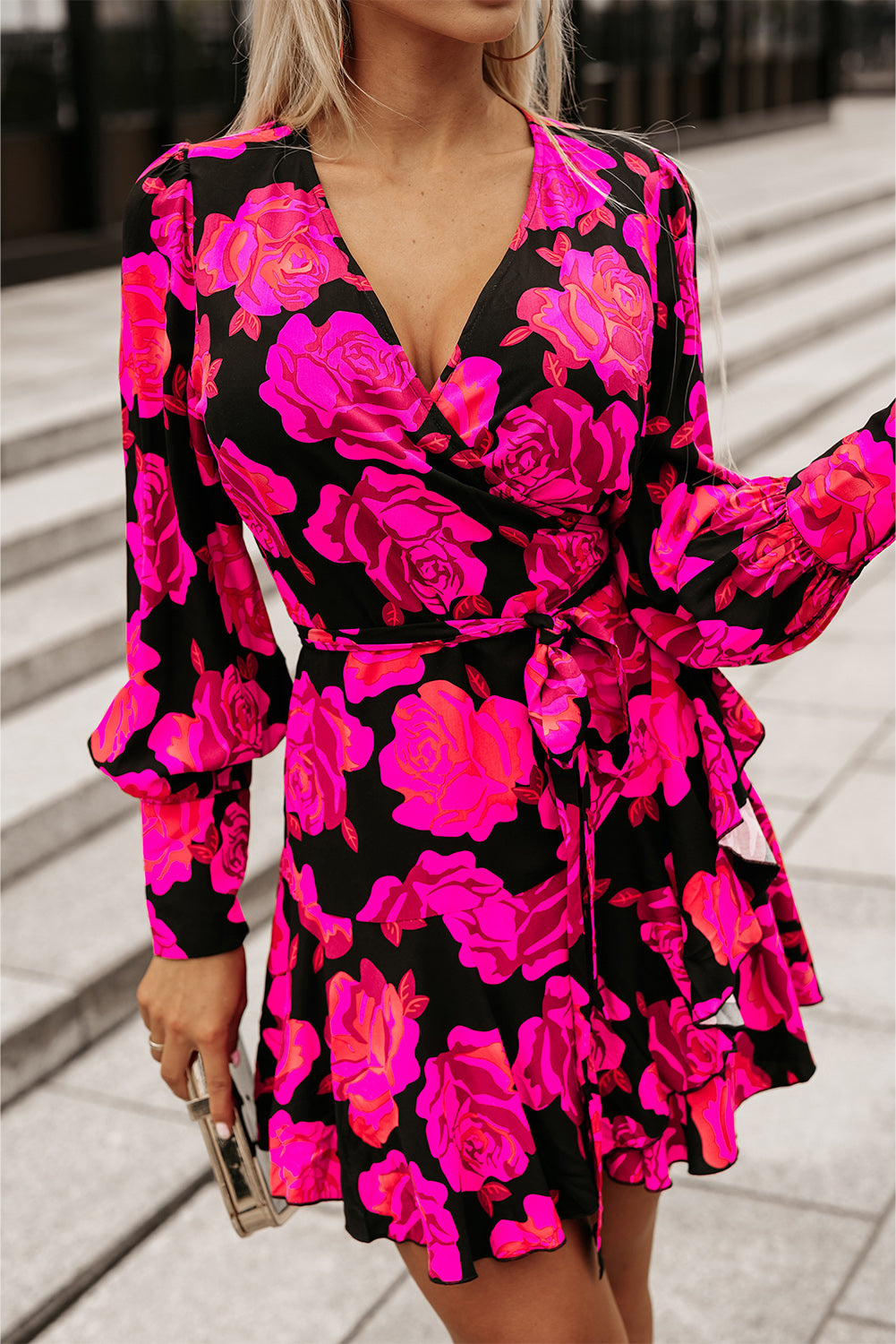 Floral wrap mini dress online