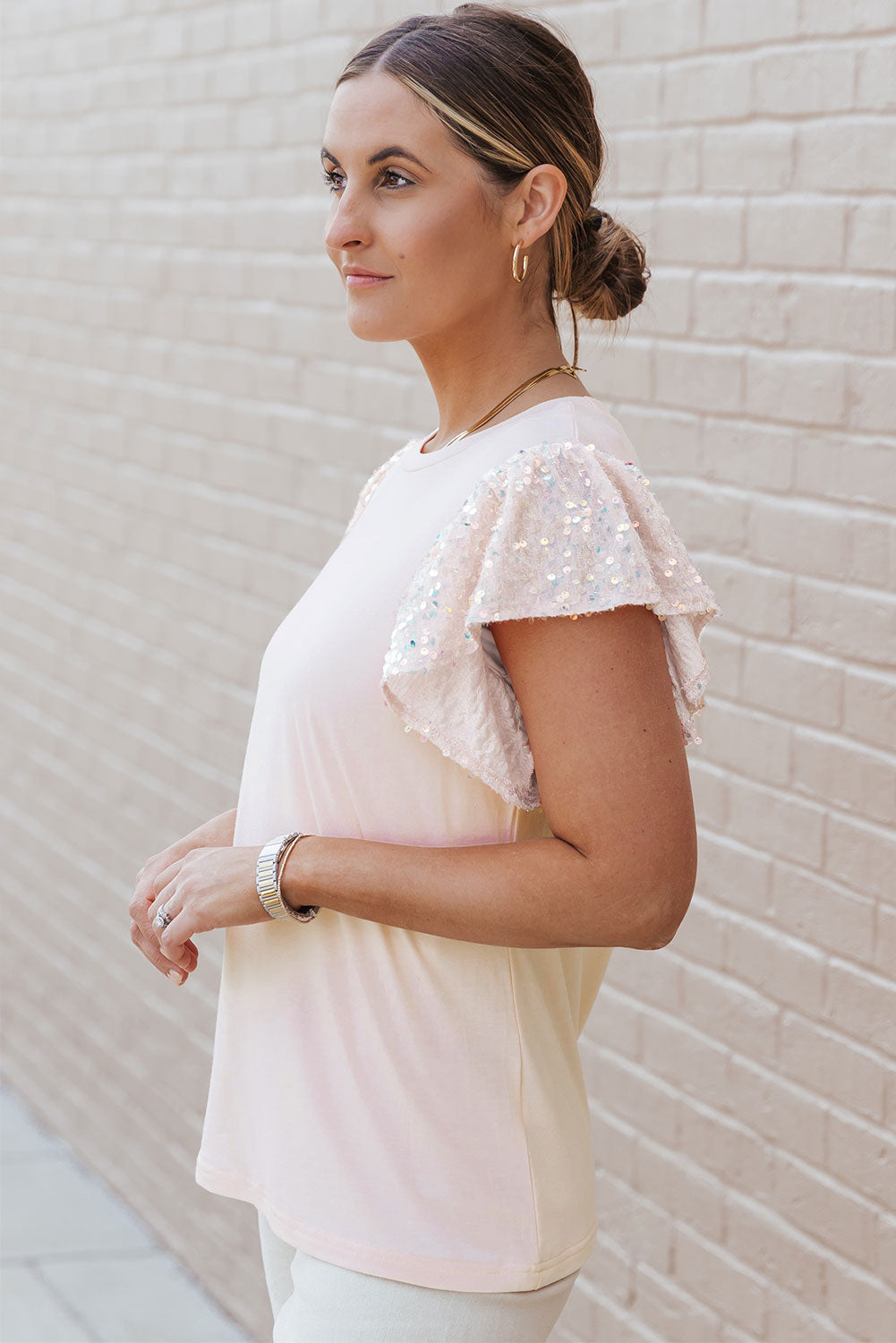 Pink Sequin Sleeves T-Shirt