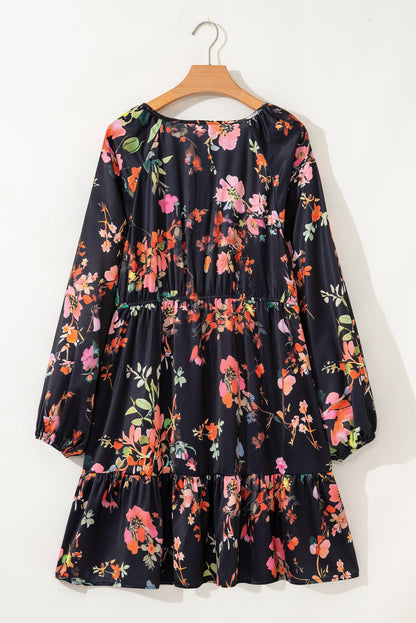 Black Plus Size Floral Long Sleeve Mini Dress