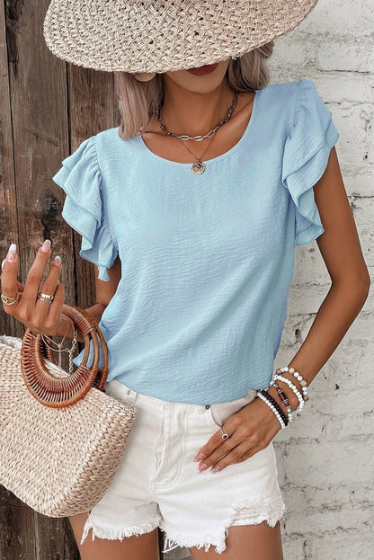 Mist Blue Ruffled Short Sleeve Blouse