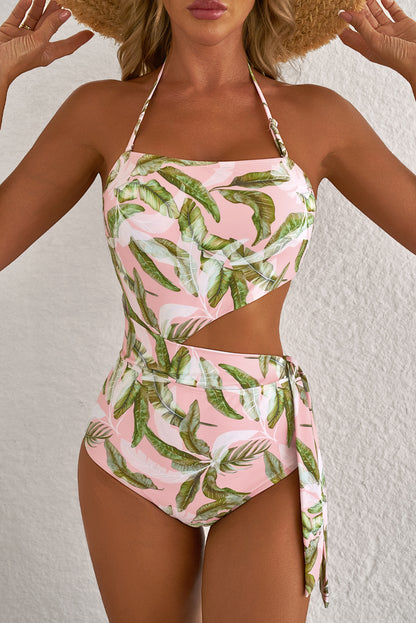 Pink Tropical Asymmetric One Piece Swimwear