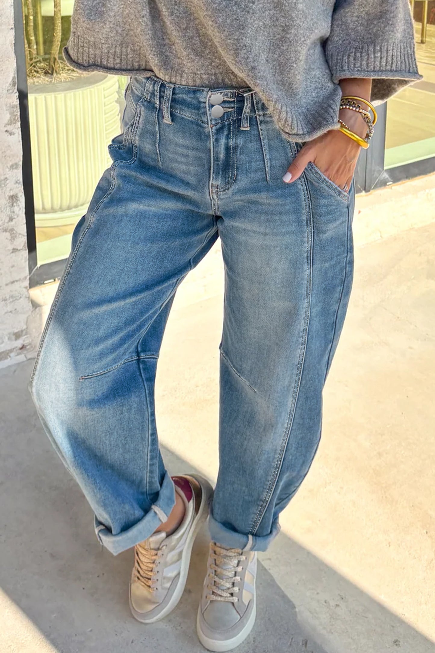 Sky Blue Cuffed Barrel Jeans