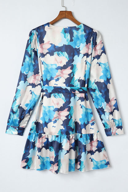 Blue Abstract Floral Ruffle Dress