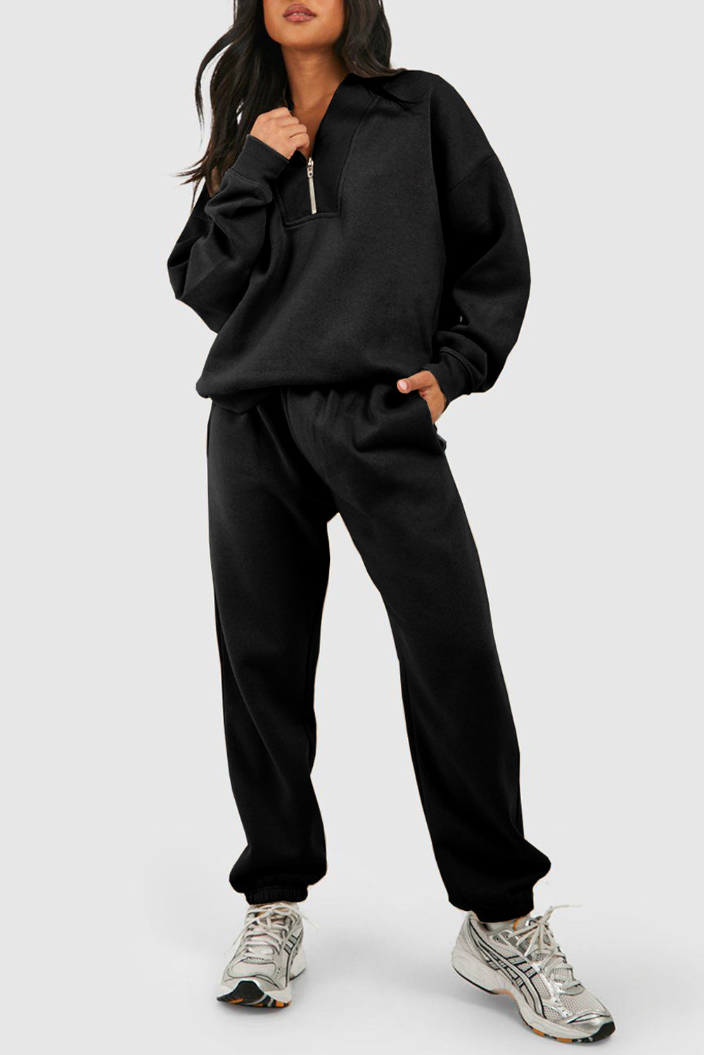 Black Plain Half Zip V Neck Tracksuit