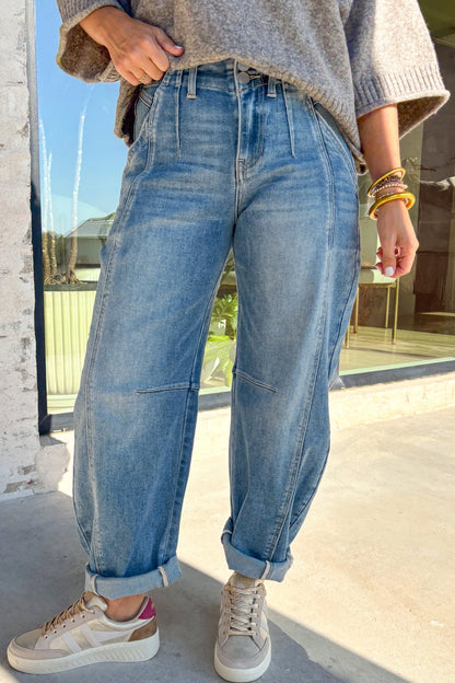 Sky Blue Cuffed Barrel Jeans