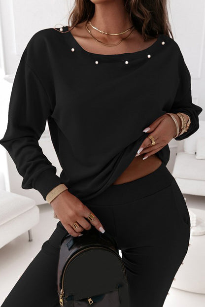 Black Beaded Pullover and Jogger Pants Set