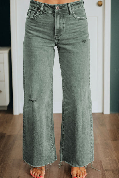 Green Washed Raw Edge Wide Leg Jeans