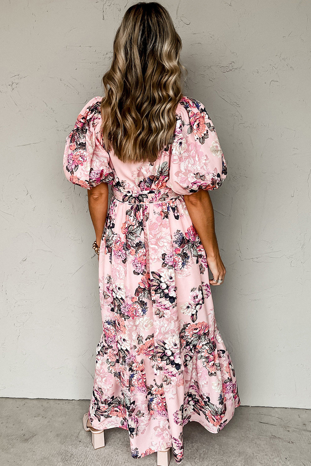 Pink Floral Puff Sleeve Maxi Dress