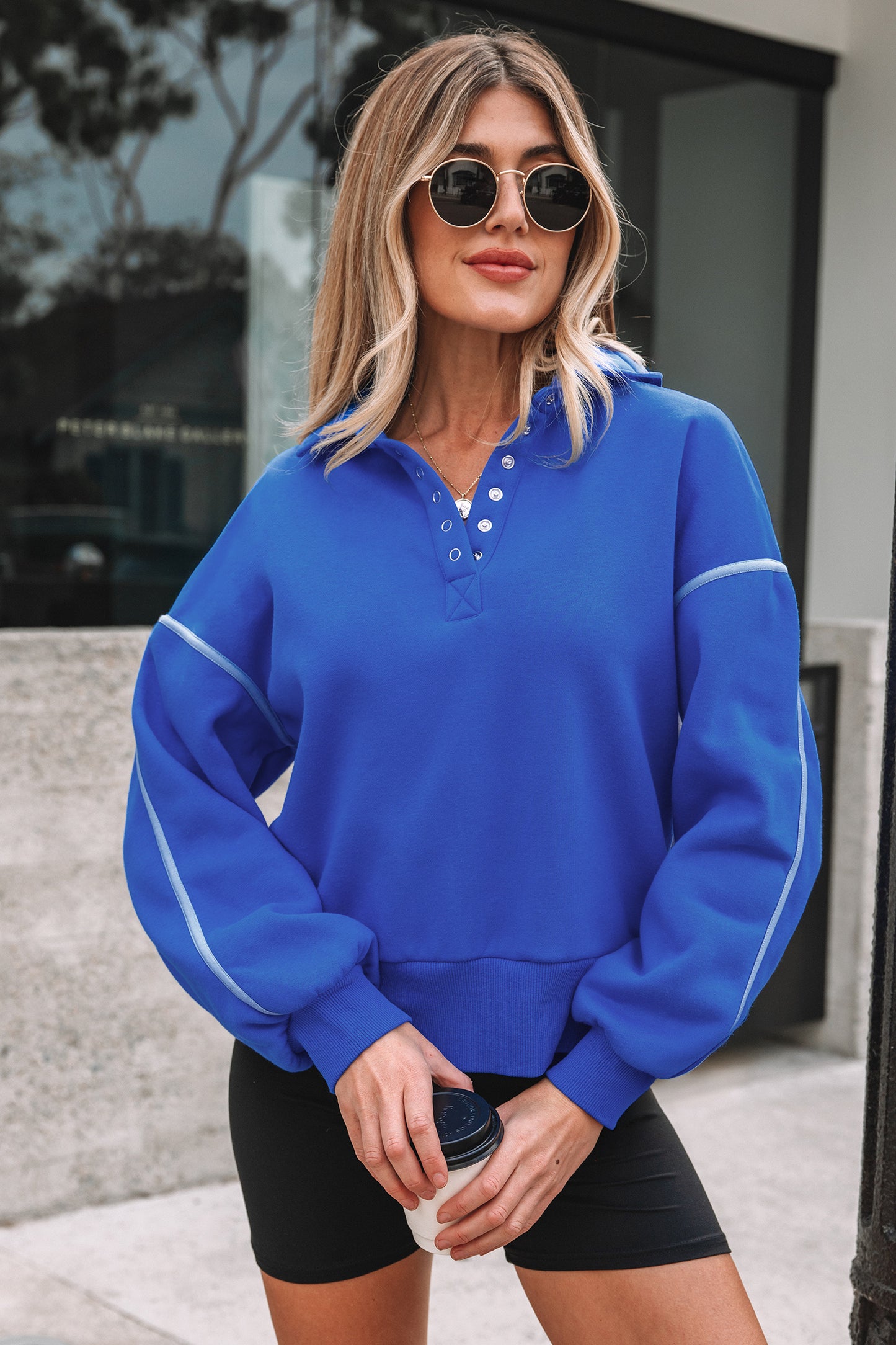 Blue Button up Collar Sweatshirt