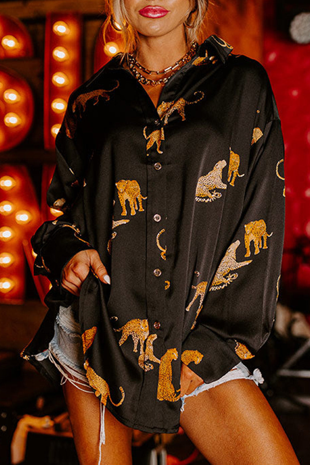 Cheetah Print Button Up Satin Shirt