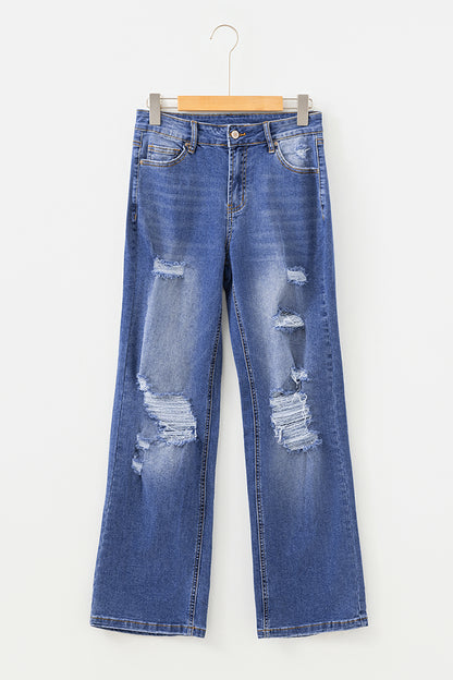 Blue Mid Rise Straight Leg Jeans