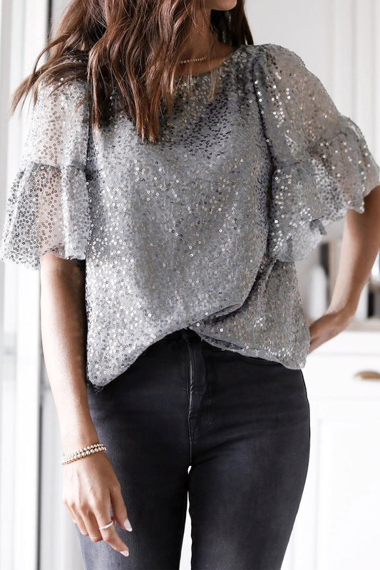 Grey Ruffled Sleeves Sequin Blouse