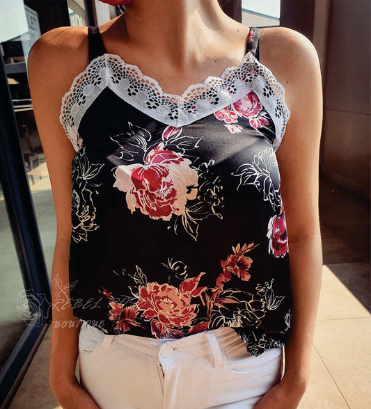 Black floral lace cami