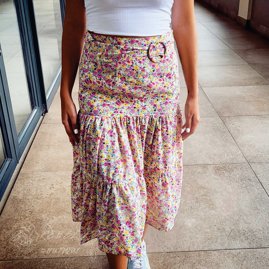Pink & yellow floral flare skirt