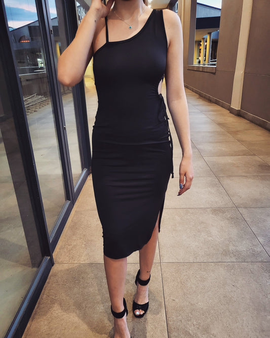 Black asymmetric midi dress