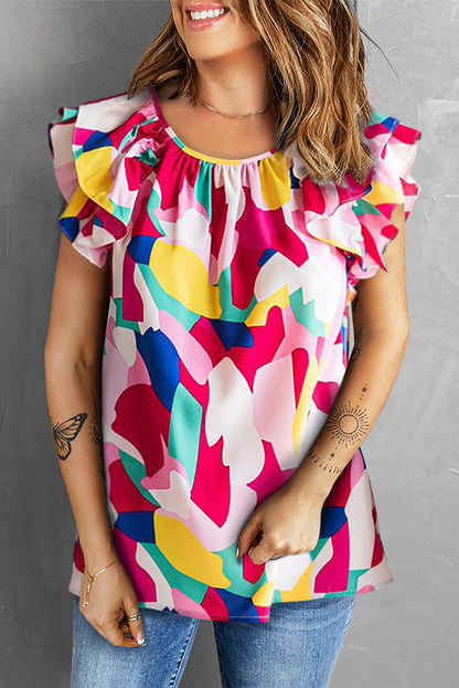 Multicolor Abstract Pattern Ruffle Short Sleeves Blouse