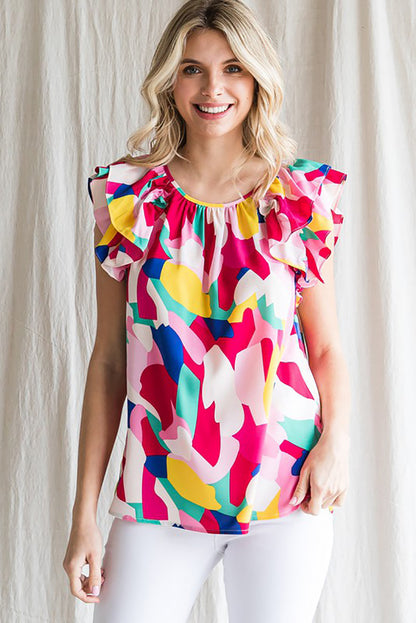 Multicolor Abstract Pattern Ruffle Short Sleeves Blouse