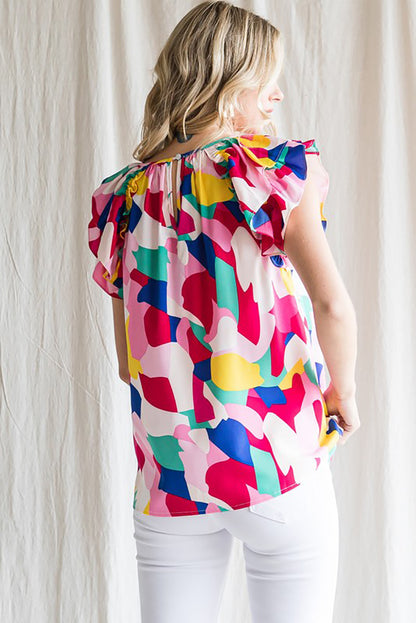 Multicolor Abstract Pattern Ruffle Short Sleeves Blouse